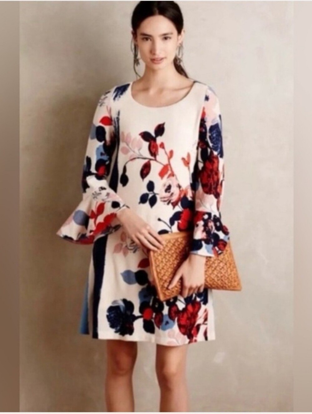 Anthropologie Maeve Floral Bell-Sleeve Midi Dress - Navy, Red & Cream Nwot Sz LP